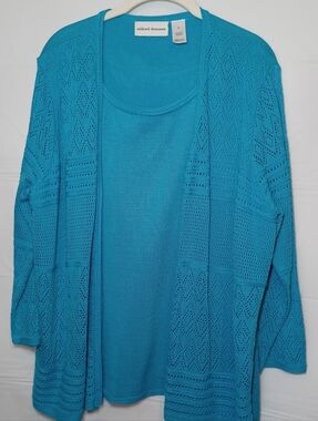Alfred Dunner Carribean Blue Open Front Knit Cardigan Set With Pointelle Pattern